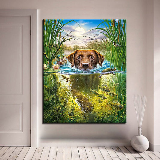 Dog in Water Art | Oil Painting Painted Swimming Dog Canvas Wall Art Coloring Animals Fish Pictures Drawing Home Decor Gifts - Mighty Lifestyle