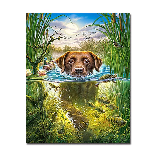 Dog in Water Art | Oil Painting Painted Swimming Dog Canvas Wall Art Coloring Animals Fish Pictures Drawing Home Decor Gifts - Mighty Lifestyle