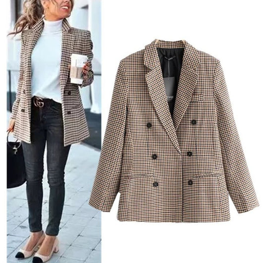 Dorothy Blazer | Double breasted short plaid women blazer Long sleeve pocket tweed ladies blazer Winter jacket office suit female - Mighty Lifestyle