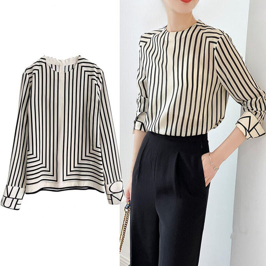 Dorothy Lee Blouse | Elegant Striped O - Neck Full Sleeve Letter Designer Work Clothing Blouse Zipper Loose Size Ol Vintage Fashion Tops - Mighty Lifestyle