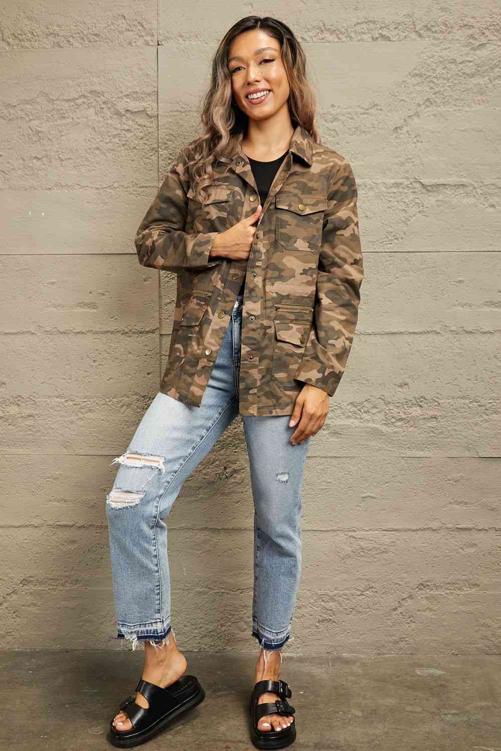 Double Take Camouflage Snap Down Jacket - Mighty Lifestyle