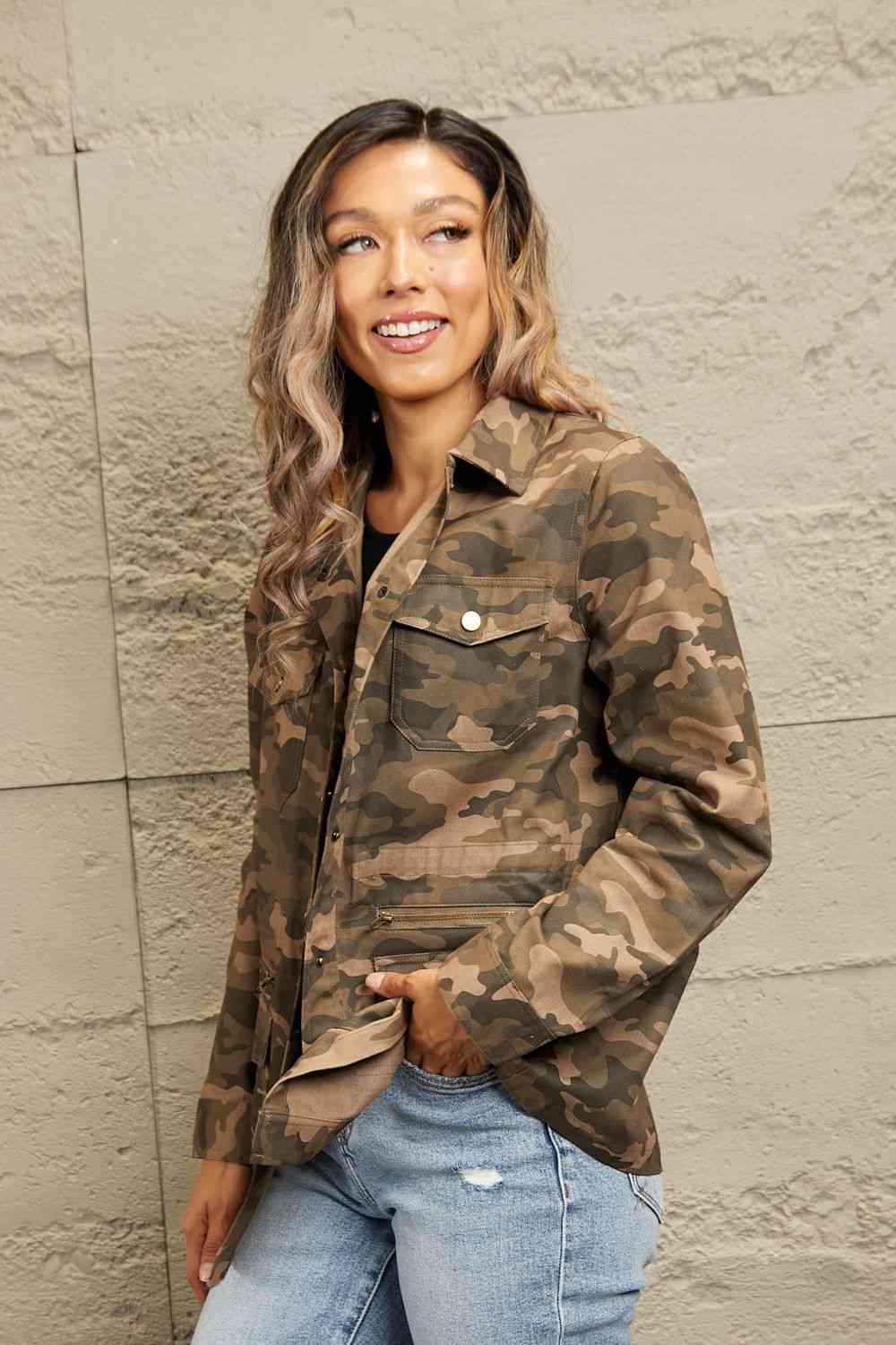 Double Take Camouflage Snap Down Jacket - Mighty Lifestyle