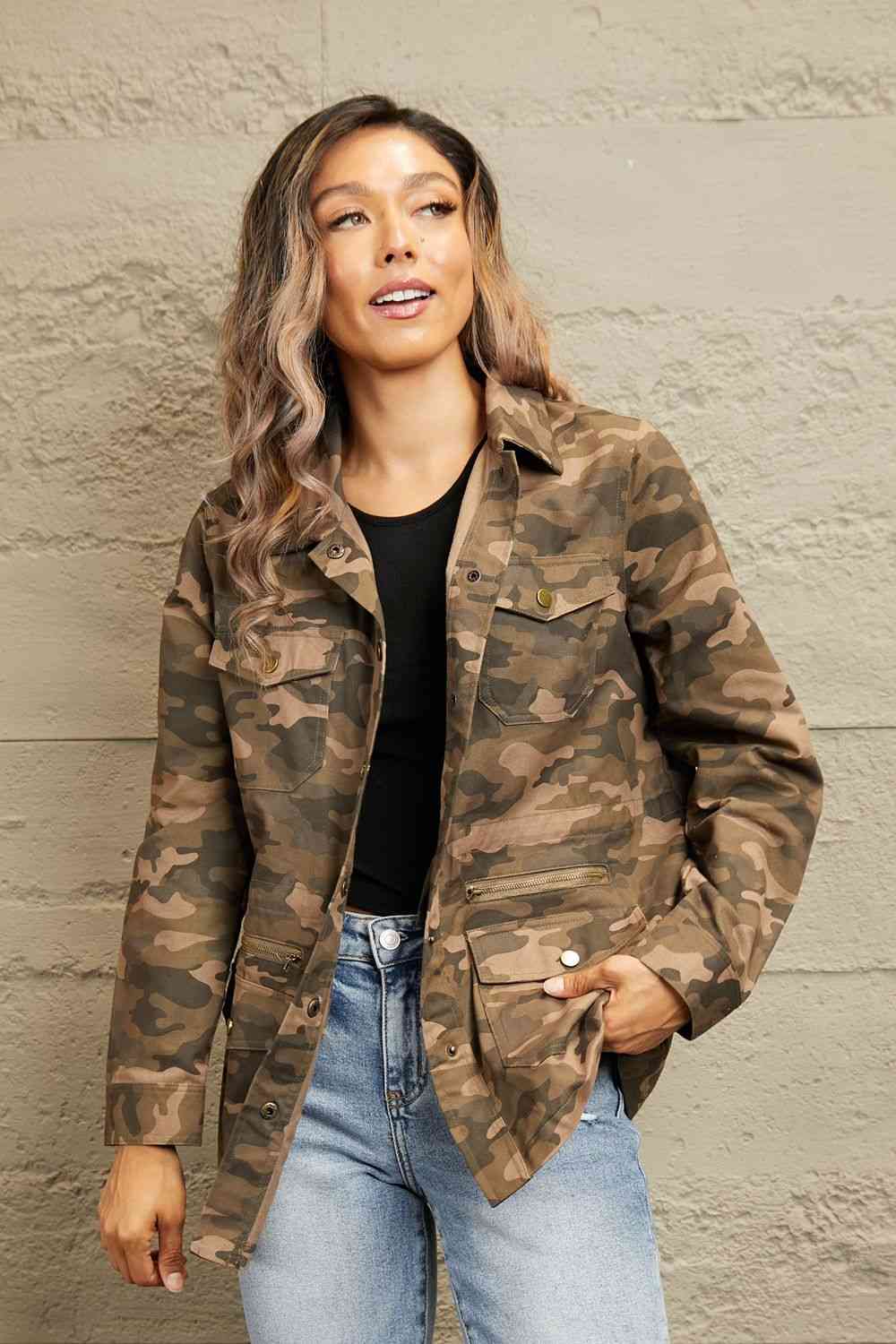 Double Take Camouflage Snap Down Jacket - Mighty Lifestyle