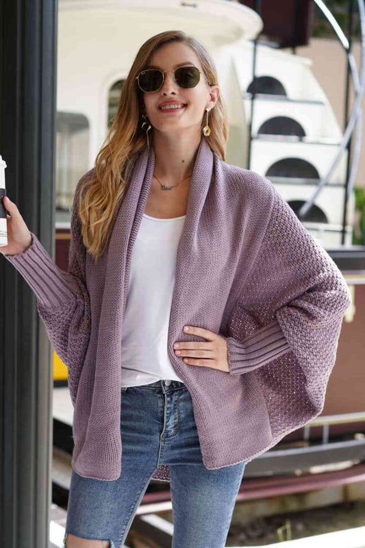 Double Take Dolman Sleeve Open Front Ribbed Trim Longline Cardigan - Mighty Lifestyle