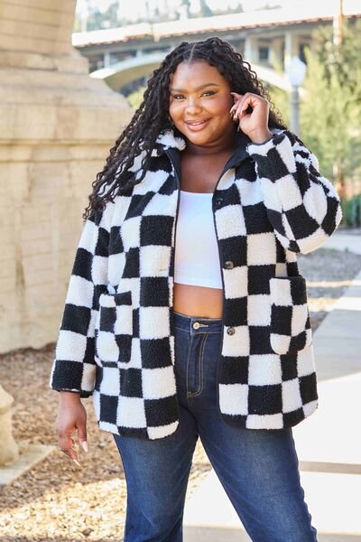 Double Take Full Size Checkered Plaid Button Front Coat with Pockets - Checkered Long Coat - Mighty Lifestyle