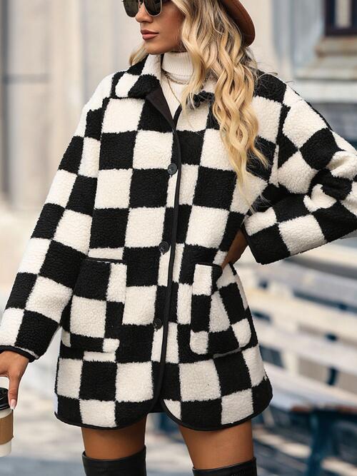 Double Take Full Size Checkered Plaid Button Front Coat with Pockets - Checkered Long Coat - Mighty Lifestyle