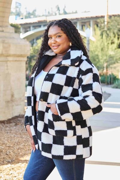 Double Take Full Size Checkered Plaid Button Front Coat with Pockets - Checkered Long Coat - Mighty Lifestyle