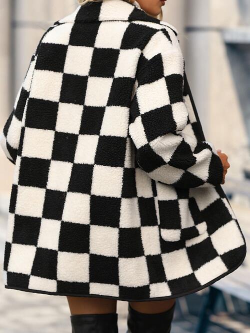 Double Take Full Size Checkered Plaid Button Front Coat with Pockets - Checkered Long Coat - Mighty Lifestyle