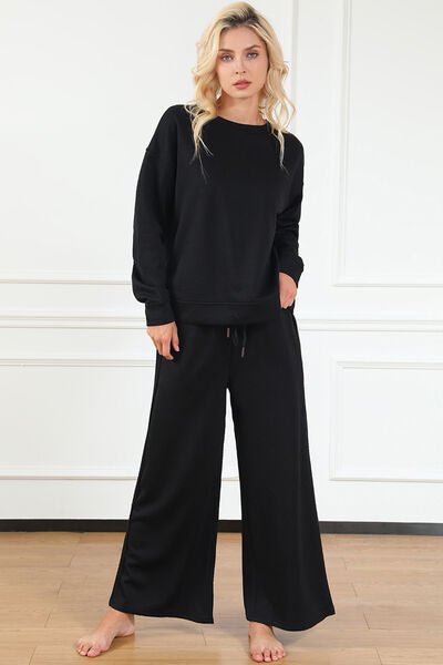 Double Take Full Size Textured Long Sleeve Top and Drawstring Pants Set - Mighty Lifestyle