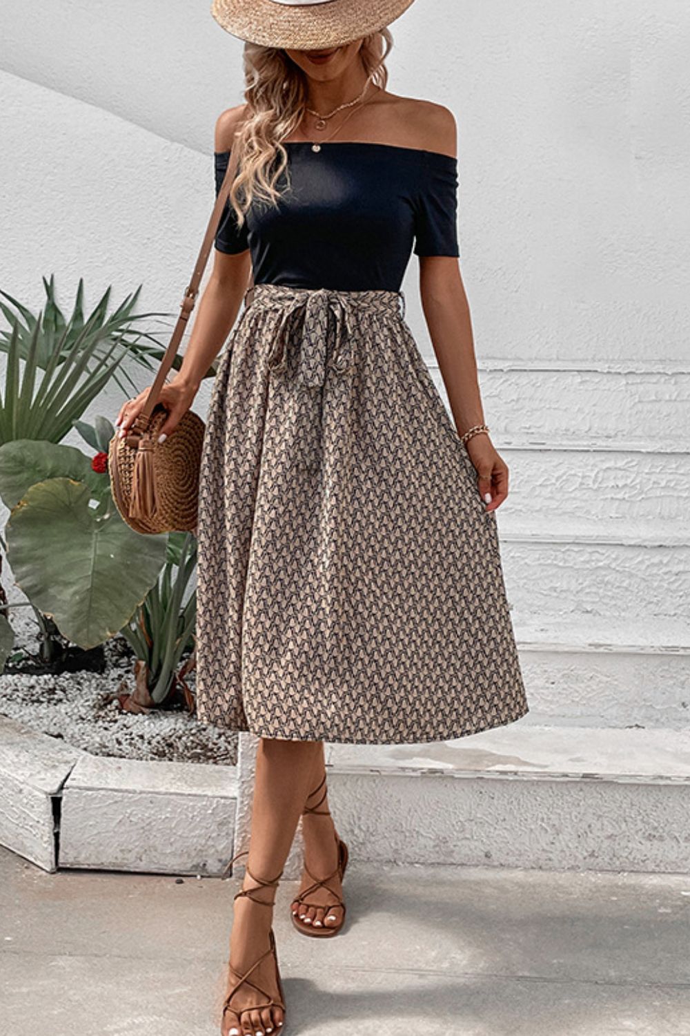 Dove Neutral Minimalist Printed Tie Belt Off - Shoulder Dress - Mighty Lifestyle