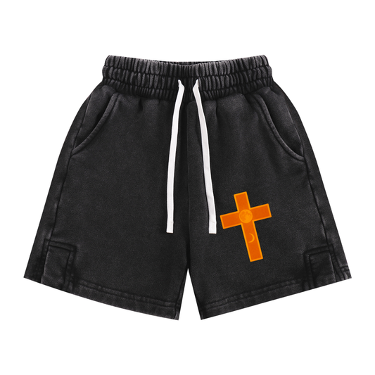 Cross Moon Phase Faith-Based Kids’ Shorts – Colorful Snow Washed Cotton Shorts for Boys & Girls | Christian Streetwear | Unisex Summer Activewear with Cross Patch Design Cross Moon Phase Faith Based Colorful Snow Washed Kids' Shorts
