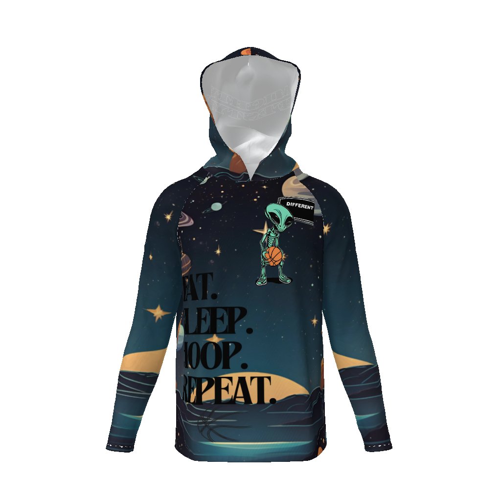 Eat Sleep Hoop Repeat Alien, Light Hoodie, Sun Protective Hooded Long Sleeve T-Shirt - Mighty Lifestyle