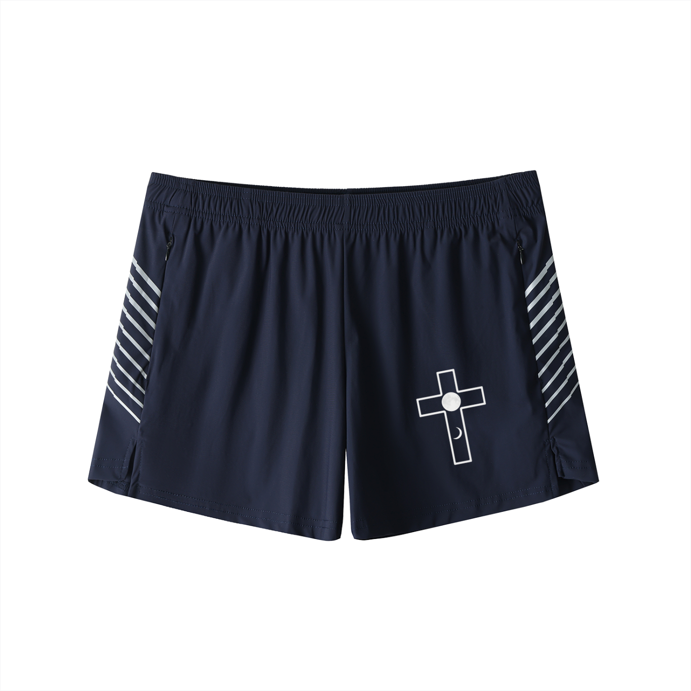 Cross Faith Based Moon Phase Men’s Performance Shorts – Side-Stripe Active Shorts for Faith & Fitness  Cross Faith Based Moon Phase Inspirational Men's Side-Stripe Performance Shorts