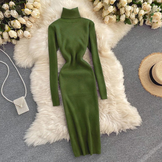 Ellarie Bella Dress, Sexy Turtleneck Knitted Bodycon Dress, Women’s Autumn Winter Sweater Dress, Long Sleeve Turtleneck Bodycon Dress, Trendy Knitted Bodycon Dress, Stylish Winter Turtleneck Dress - Mighty Lifestyle