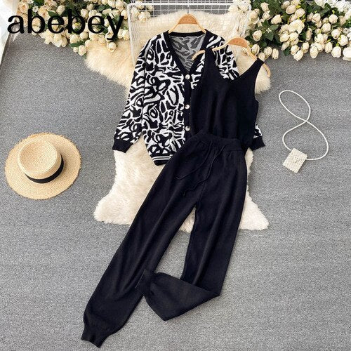 Esther Set | Trendy and Bougie Set, Women Tracksuits Chic 3 Piece Set Costume Knitted Leopard Lounge Suit Cardigan Sweater + Jogger Pants+ Sleeveless Tank Top - Mighty Lifestyle