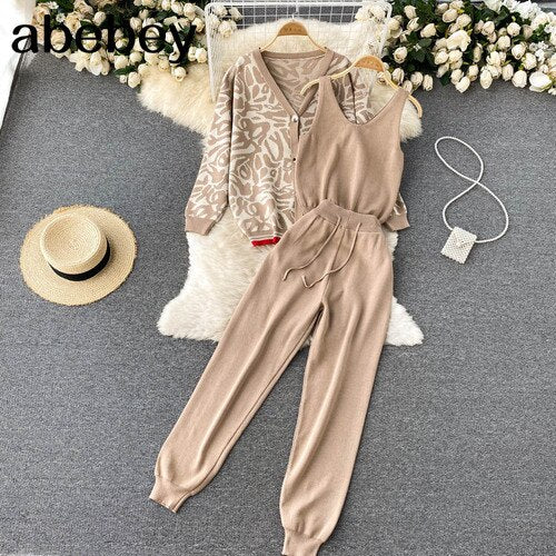 Esther Set | Trendy and Bougie Set, Women Tracksuits Chic 3 Piece Set Costume Knitted Leopard Lounge Suit Cardigan Sweater + Jogger Pants+ Sleeveless Tank Top - Mighty Lifestyle