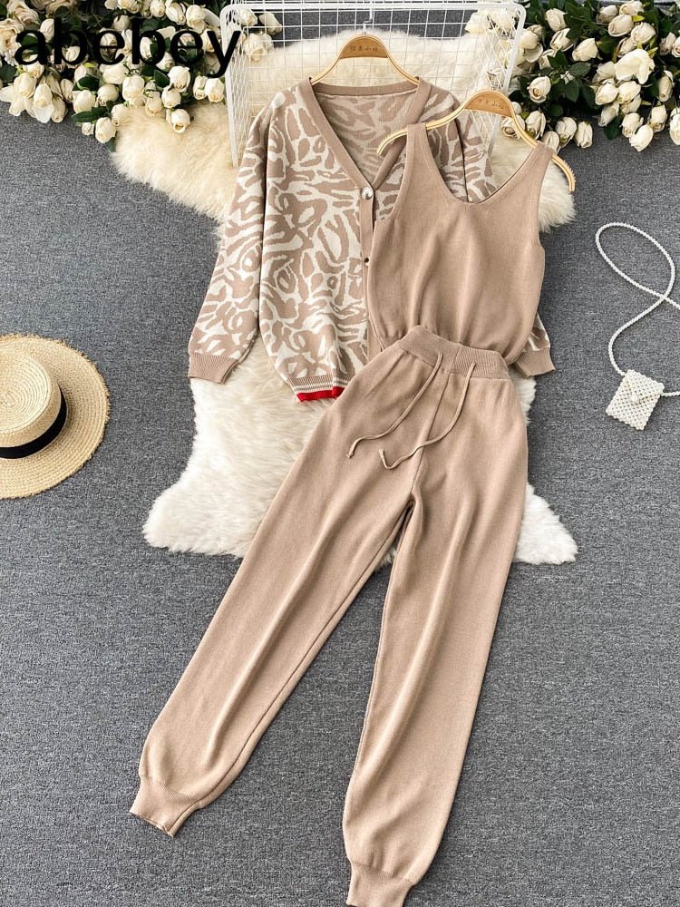 Esther Set | Trendy and Bougie Set, Women Tracksuits Chic 3 Piece Set Costume Knitted Leopard Lounge Suit Cardigan Sweater + Jogger Pants+ Sleeveless Tank Top - Mighty Lifestyle