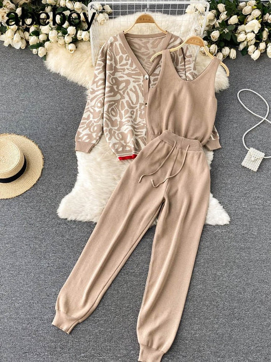 Esther Set | Trendy and Bougie Set, Women Tracksuits Chic 3 Piece Set Costume Knitted Leopard Lounge Suit Cardigan Sweater + Jogger Pants+ Sleeveless Tank Top - Mighty Lifestyle