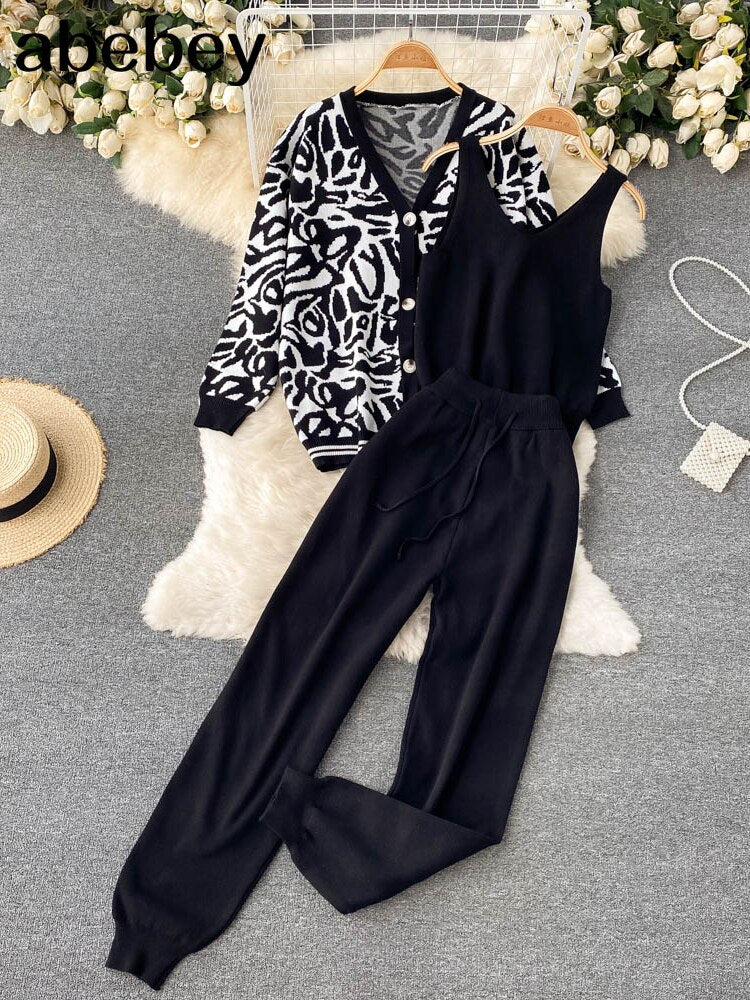 Esther Set | Trendy and Bougie Set, Women Tracksuits Chic 3 Piece Set Costume Knitted Leopard Lounge Suit Cardigan Sweater + Jogger Pants+ Sleeveless Tank Top - Mighty Lifestyle
