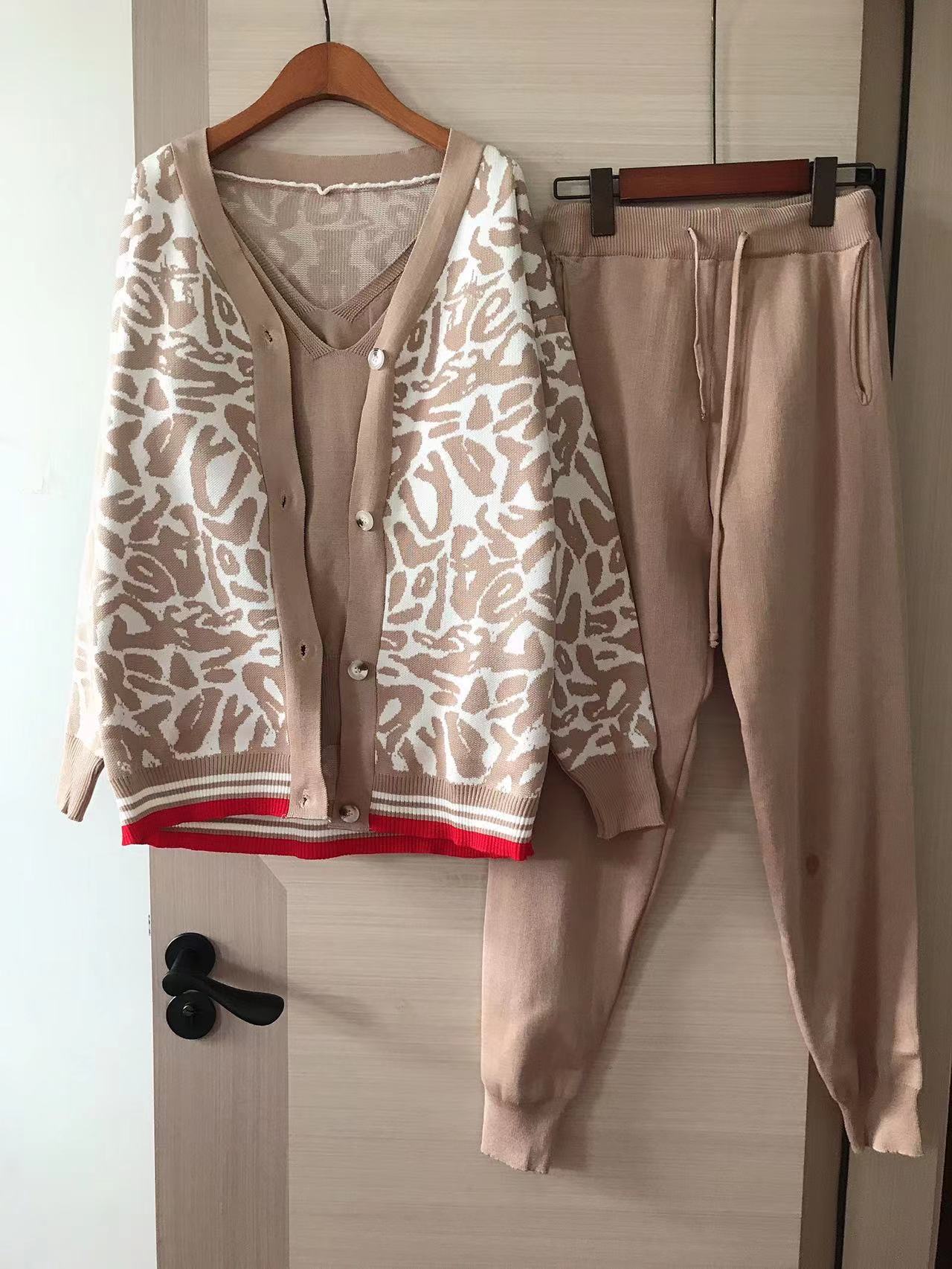 Esther Set | Trendy and Bougie Set, Women Tracksuits Chic 3 Piece Set Costume Knitted Leopard Lounge Suit Cardigan Sweater + Jogger Pants+ Sleeveless Tank Top - Mighty Lifestyle