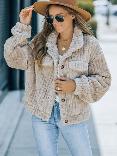 Fab Fab Fuzzy Button Up Collared Neck Jacket - Mighty Lifestyle