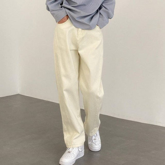 Loose pants handsome jeans men straight leg beige casual pants with classic version retro trend pants for hair
