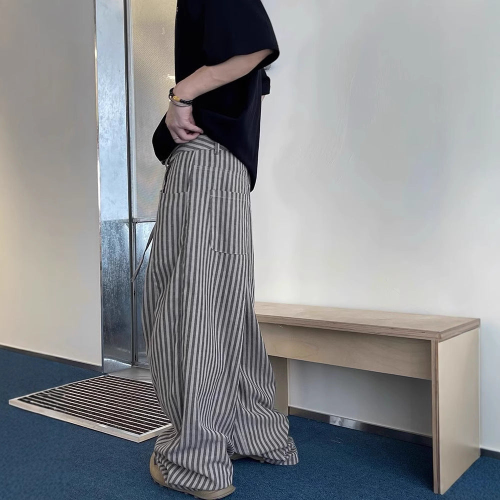 Spring and autumn laid-back, relaxed, loose vertical striped, versatile casual straight-leg pants, floor-length pants for men