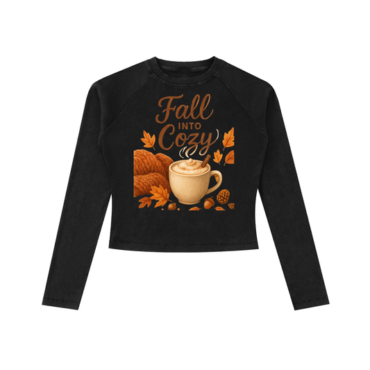 Fall Into Cozy Dyed Washed Raglan Long Sleeve Shirt – Women’s Slim Fit Bodycon Tee for Autumn Comfort & Coffee Lovers
 | Fall Into Cozy Comfy Dyed Washed Raglan Long Sleeve Slim T-Shirt Winter Shirt Thanksgivings Shirt