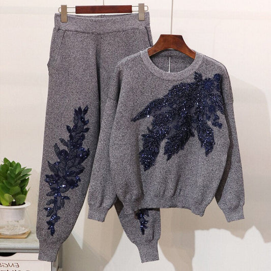 Fedora Chic Set Casual Women’s Set | Embroidered Sequin Sets For Women O Neck Long Sleeve Tops High Waist Pants Print Two Piece Set - Mighty Lifestyle