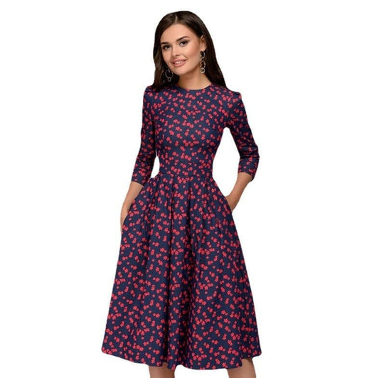 Flora’s Trendy Dress Floral | Retro Small Fragmented Flower 3/4 Sleeve Round Neck Dress - Mighty Lifestyle