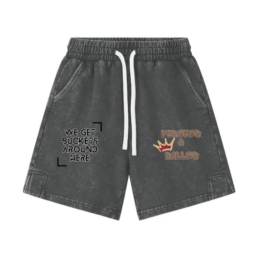 Forever A Baller We Get Buckets Kids Shorts Vintage Washed 100% Cotton Shorts Sports Basketball Shorts Youth Shorts Mighty Lifestyle Basketball - Mighty Lifestyle