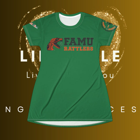 Green FAMU, HBCU Football, Black Excellence Dress, Comfortable Dress, Homecoming, Classic Football, T-Shirt Dress (AOP) - Mighty Lifestyle