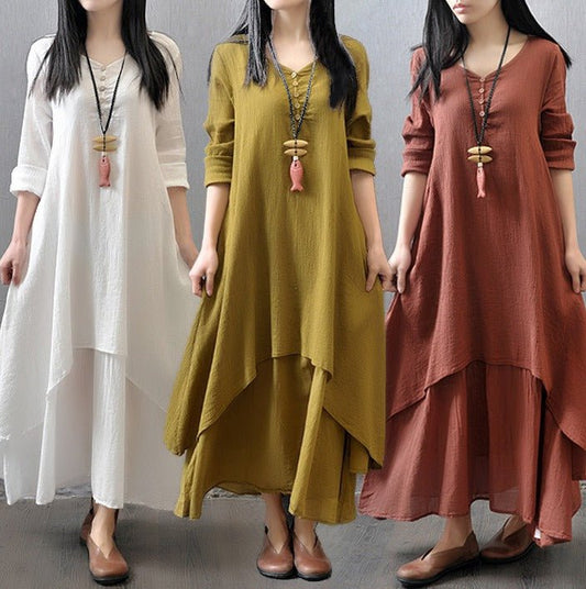 Juelz Faux two - piece long skirt | large hem linen dress loose long sleeved cotton linen skirt, Faux Two - Piece Long Skirt, Large Hem Linen Dress, Loose Long - Sleeved Cotton Linen Skirt, Trendy Two - Piece Look Linen Dress, Casual Cotton Linen Maxi Skirt. - Mighty Lifestyle