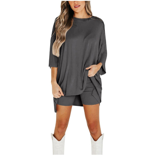 Leonora Women Casual Elegant Shorts Set | Fashionable solid color loose T-shirt tight shorts two - piece set for women - Mighty Lifestyle