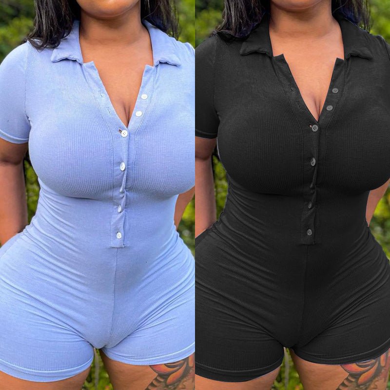 Lolita III | Solid Color Short Sleeve Slim Button Turndown Collar Jumpsuit Body Suit - Mighty Lifestyle