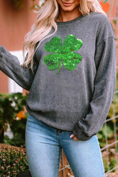Lucky Clover Sequin Round Neck Sweatshirt - Mighty Lifestyle