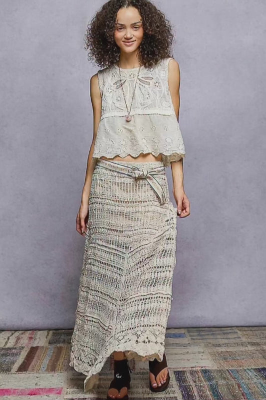 Boho Crochet Maxi Skirt for Women – Natural Cotton Lace Belted Long Skirt | Summer Beach Vacation Outfit | Trendy Boutique Modest Chic Flowing Bohemian Style