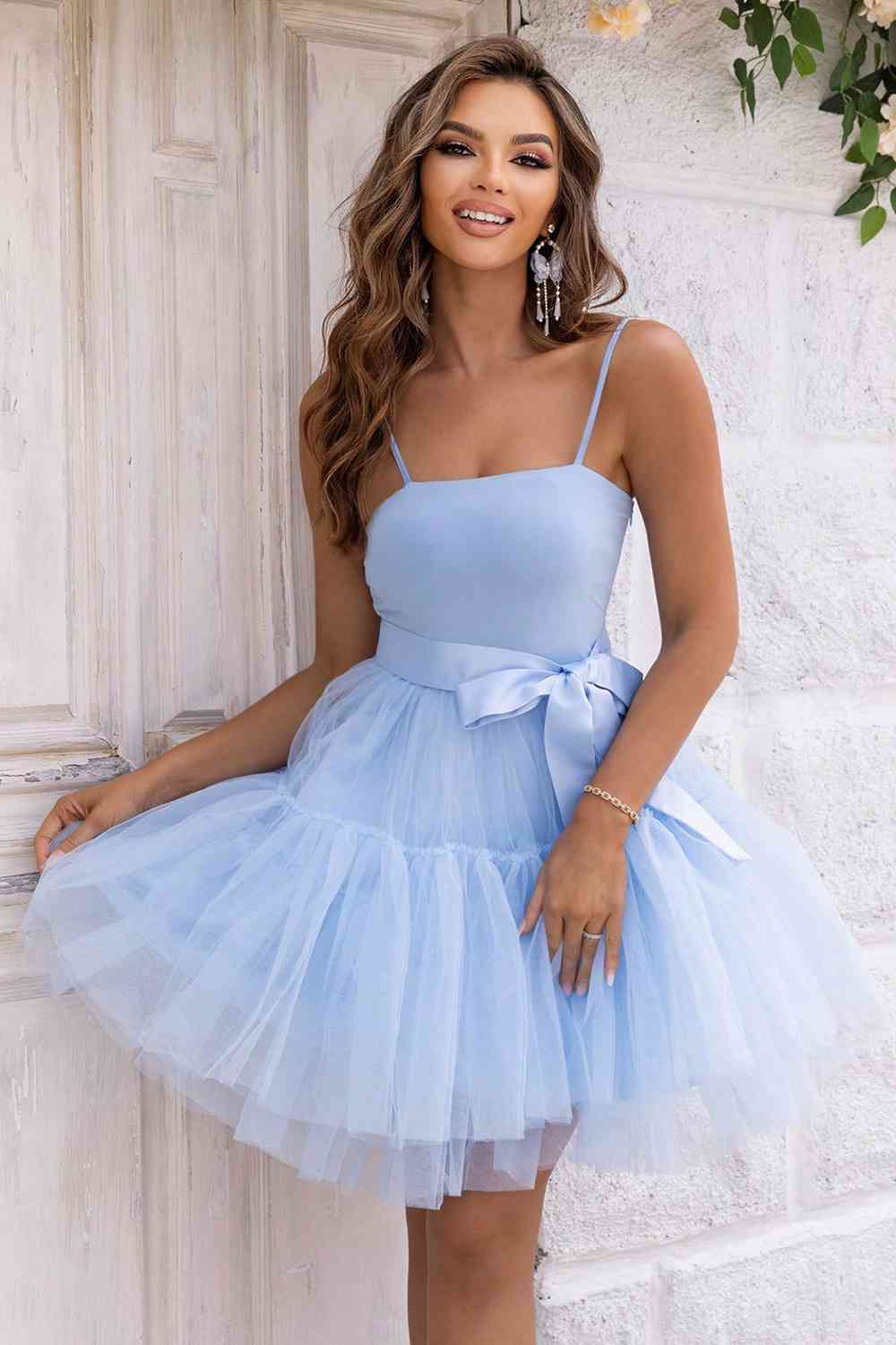 Spellman Spaghetti Strap Tied Mesh Dress Prom