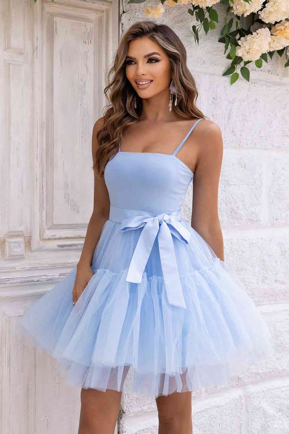 Spellman Spaghetti Strap Tied Mesh Dress Prom