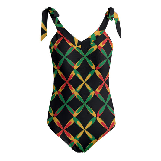 Printed Red Yellow Green Black  Women's Tie Shoulder Onepiece Padded Swimsuit