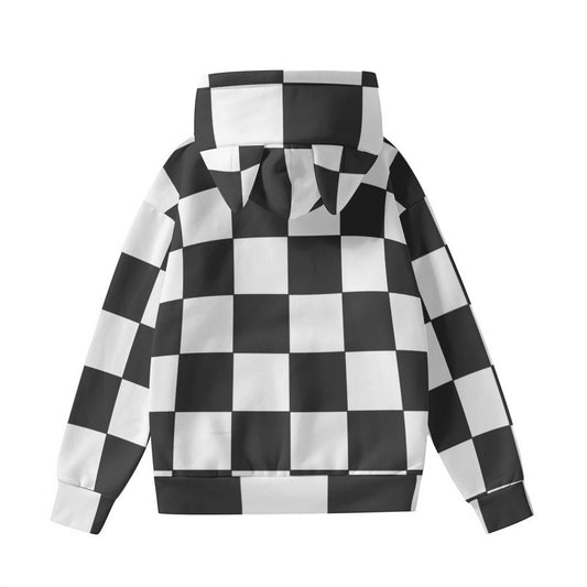 Plaid White Black Women’s Hoodie With Decorative Ears