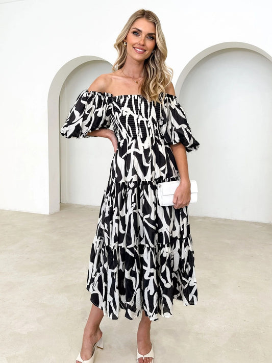 Prinzi Printed Smocked Off-Shoulder Tiered Dress