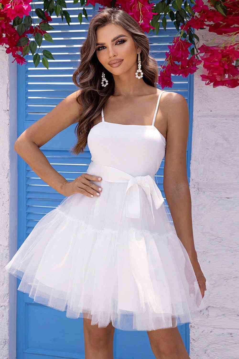 Spellman Spaghetti Strap Tied Mesh Dress Prom