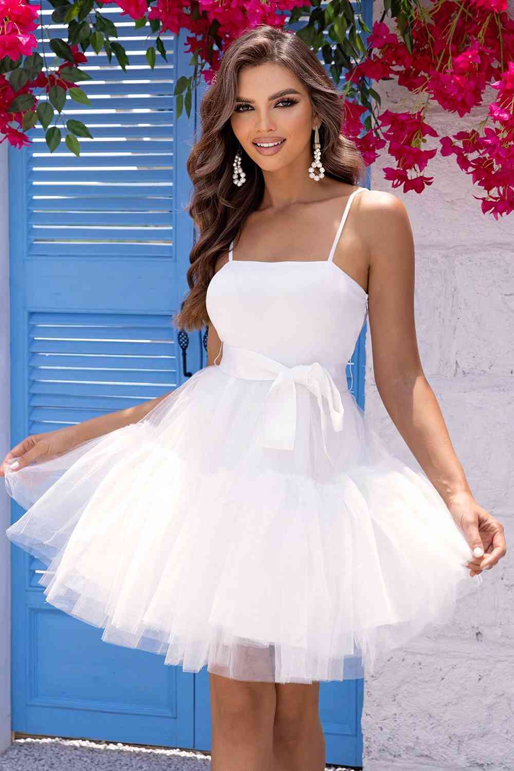 Spellman Spaghetti Strap Tied Mesh Dress Prom