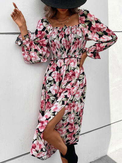 Slit Smocked Floral Flounce Sleeve Dress | Floral Dress | Feminine Dress