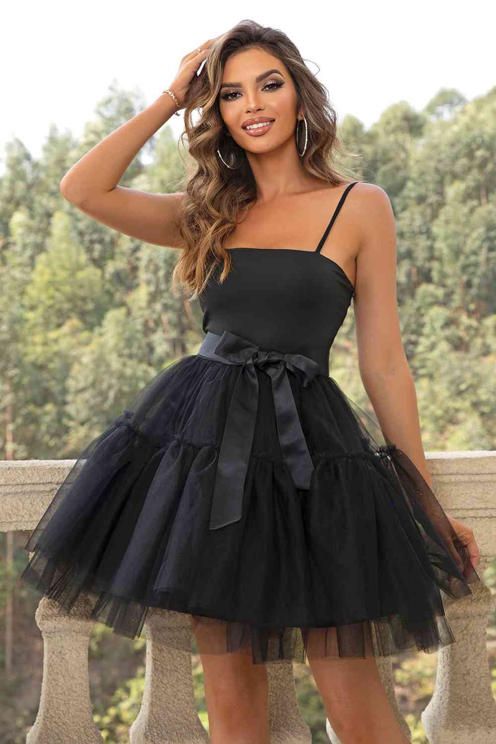 Spellman Spaghetti Strap Tied Mesh Dress Prom