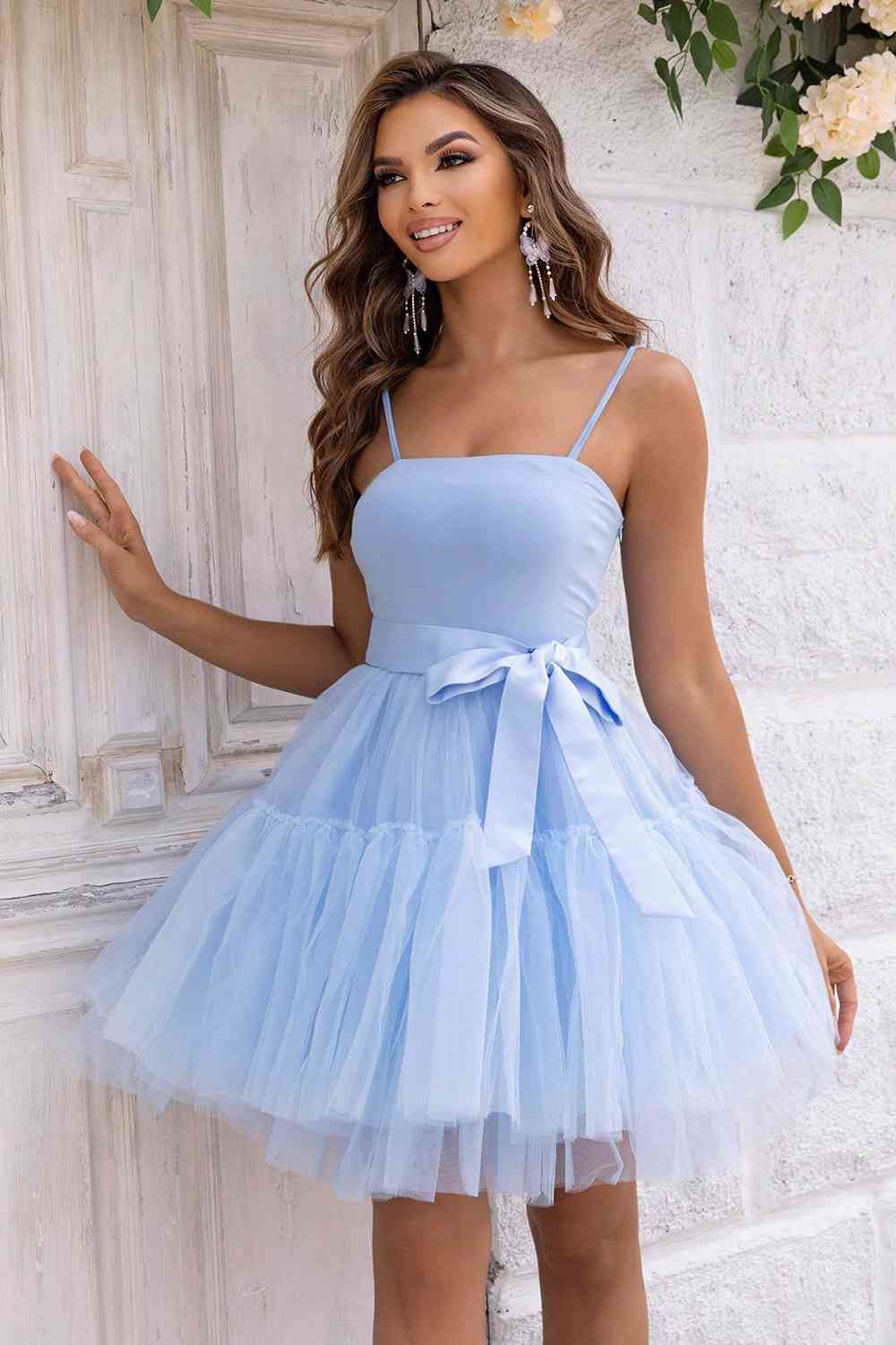 Spellman Spaghetti Strap Tied Mesh Dress Prom